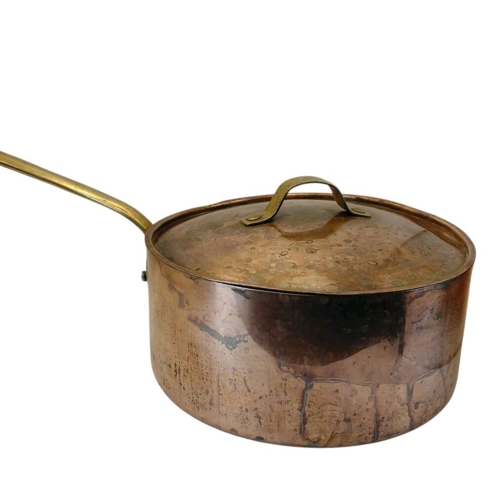 Vintage Copper Pot Brass Handle 3 Sauce Pan Lid - Picture 2 of 11